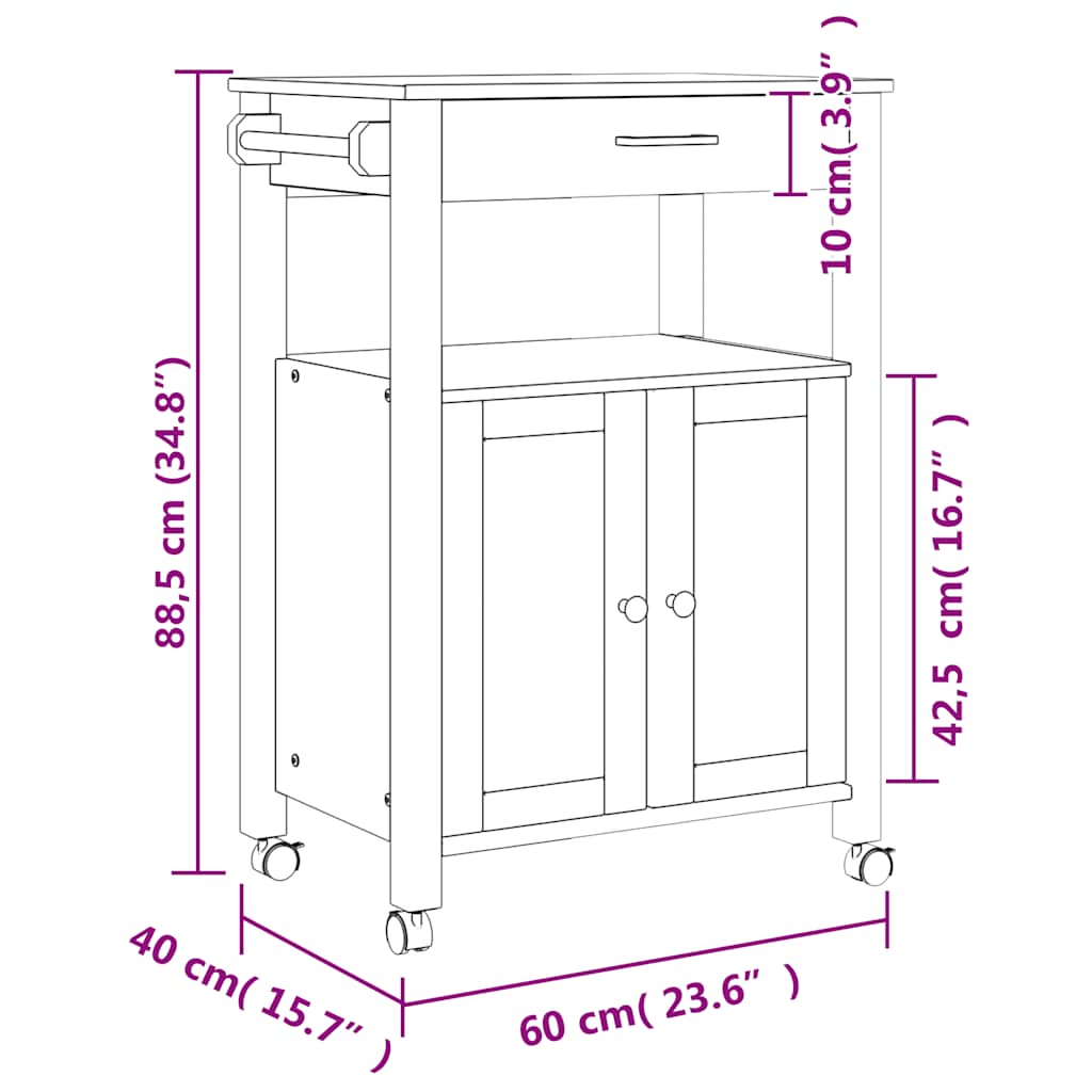 Kitchen Trolley MONZA 60x40x88.5 cm Solid Wood Pine